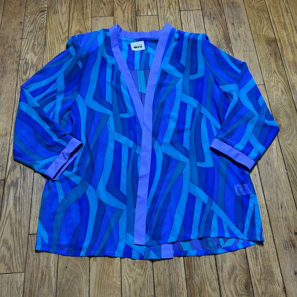 Vintage Leslie Fay Blue Purple Abstract Print‎ Sheer Open Front Cardigan Jacket